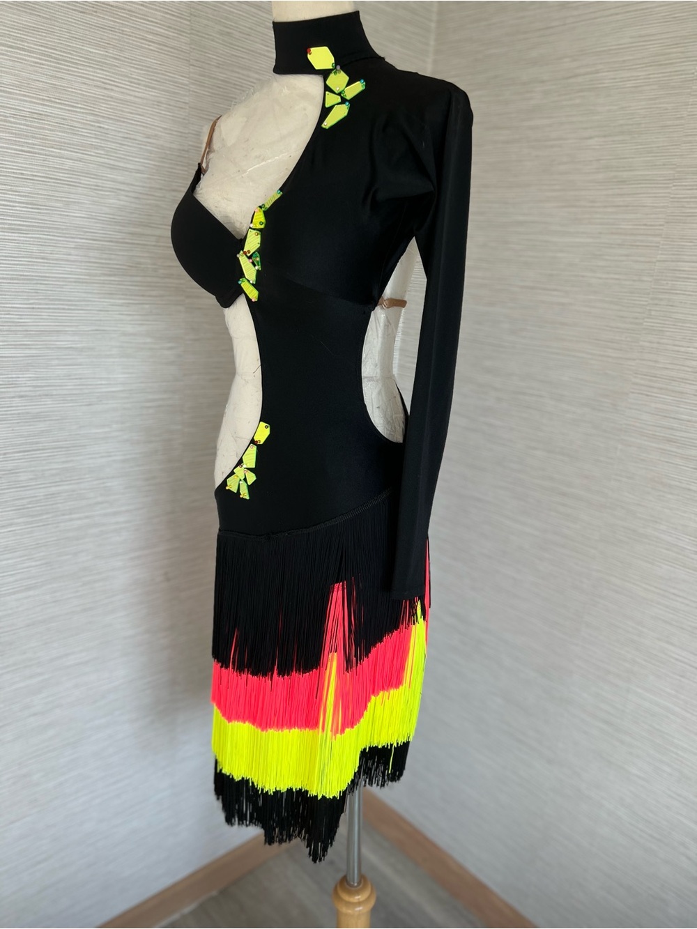 Black Latin Fringe Dress with Neon Pink + Neon Yellow fringe and Accents size M